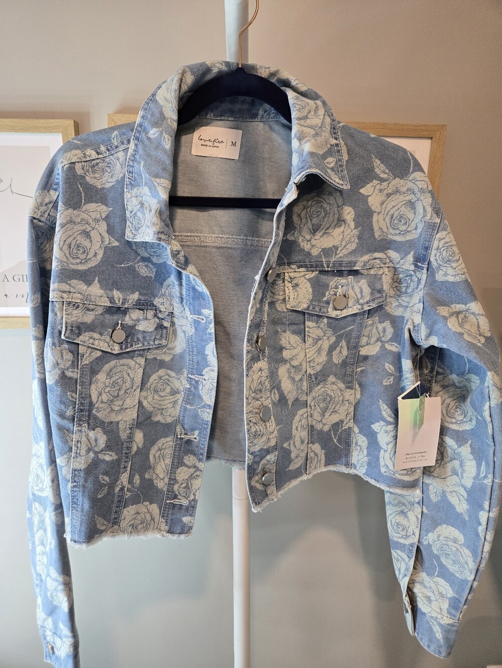 ⚘️NWT Love, Fire Blue Denim Jean Jacket with White Rose Print